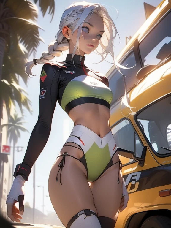 ((Best quality)), ((masterpiece)), (detailed: 1.4), (Absurd), War-ready female fighter pilot with military bikini, Marine, dark skin, defined sculpted body, full body, bare thighs, closed mouth, cyberpunk, semi naked, generous neckline, ((perfect medium breasts)), (super light blue eyes without pupils), (((military camouflage bikini)), (((white hair with braid)))), long eyelashes heavy makeup, garter belt, by mucha, niji --V5, close to real, psychopathic, perfect face, sexy pose, background with a giant head, 2 piece clothing, pastel, centered, scale to fit the dimensions, HDR (High Dynamic Range),Ray Tracing, NVIDIA RTX,Super-Resolution,Unreal 5,Subsurface Dispersion, PBR Texture, exposed belly, Post-processing, Anisotropic filtering, Depth of field, Maximum clarity and sharpness, Multilayer textures, Albedo and specular maps, Surface shading, Accurate simulation of light-material interaction, Perfect proportions, thigh gap, Octane Render, Two-tone lighting, Wide aperture, Low ISO, White balance, Rule of thirds, 8K RAW, bright crysisnanosuit bikini, thigh gap, nice hips, bikini panties, perfect legs, synthwave bikinis, bare arms