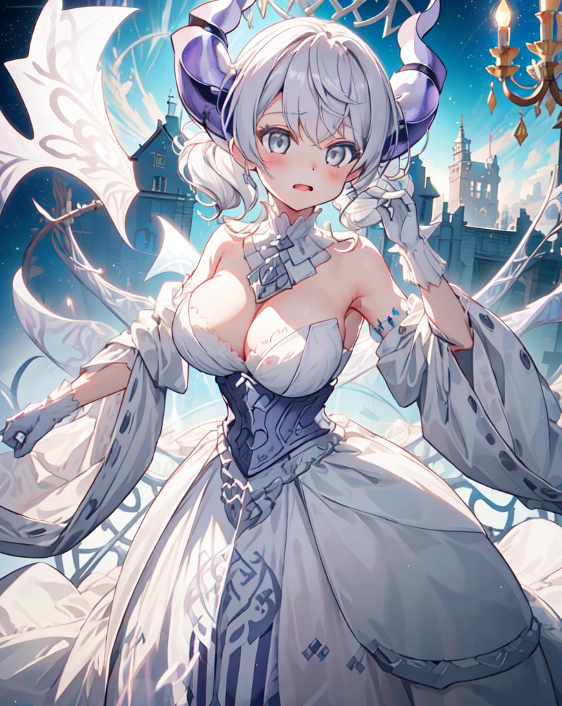 One girl, labrynth, Silver Hair, Grey Eyes, big breasts, horn, Cleavage, White Dress, white elbow gloves, silver castle, ivory, Exquisite, chandelier, blush, Nervous,Cowboy Shot, highest quality,((highest quality)),((Tabletop)),((Perfect Face)),1 girl,(Background Blur), ((Holographic)),1 girl,milky way, (stripes of light), Impressive visuals, (Dynamic Streaks, Path of Light:1.2), Bright colors,whole body,Dynamic pose,full body,(masterpiece:1.2, highest quality),(Colored Background) (Beautiful fine details: 1.2), (Very detailedな CG Unity 8k 壁紙, masterpiece, highest quality, Very detailed, Best Shadow), (Detailed Background)