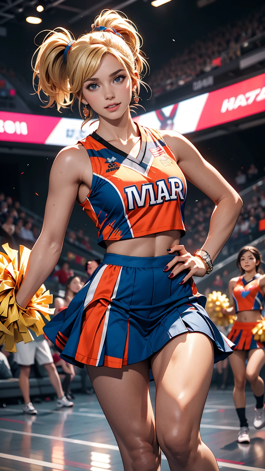 ((最high quality, 8K, masterpiece: 1.3, Ultra HD, high quality, 最high quality, High resolution, realism)) 、A 22-year-old extremely beautiful white woman、Hair color blonde、blue eyeedium Hair、Straight Hair、smile、Slender but well-proportioned body、Athlete-like body type、I want my head to stay off screen、Wearing accessories on the wrist、Put an anklet on your ankle、Wearing red nail polish、I have a peticure、Being a cheerleader、Holding pom-poms and raising their legs to dance cheerleading