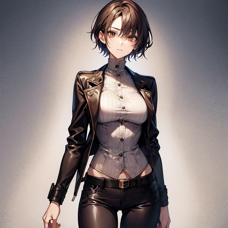 Steampunk Girl、Otome、Tokimeki、Cute slender beauty、leather jacket、short、Pixie Cut、short nape、Larger breasts、Beautiful nape、Tall、girly、model like、Tight skinny pants、delicate、Slender body、Red cheeks、