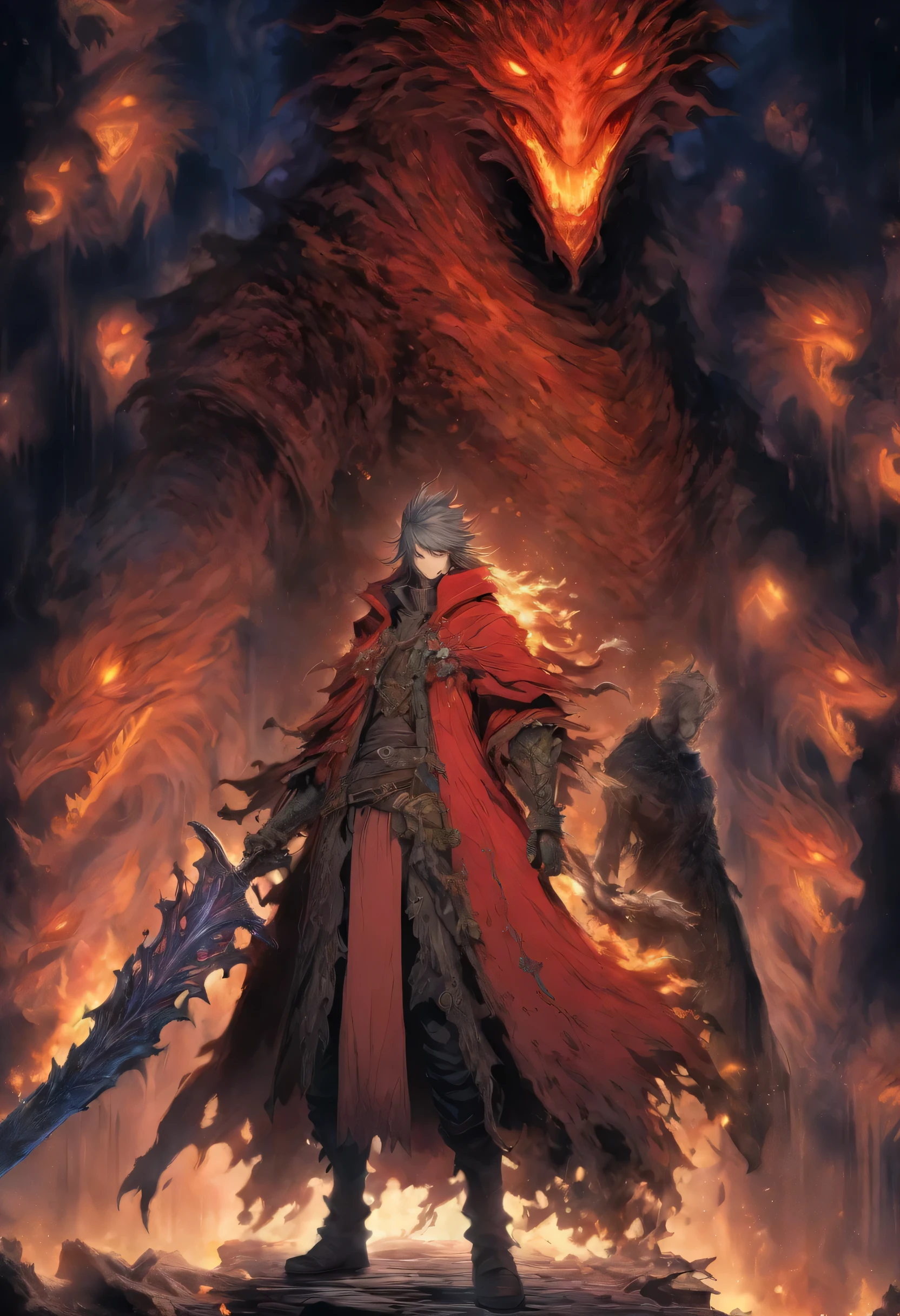 Beautiful woman、He wears a full-body reddish robe reminiscent of the Hunter from Bloodborne.. Her hair is red and long. Her eyes are blue、the skin is white。. He holds a large sword in his right hand., On the left is a Guts-shaped prosthetic arm.. With my whole body engulfed in flames、The creatures of the night々I am staring at、Retro Fashion, Dungeons&Dragons characters, dark fantasy, digital art, calm pastel colors, Calm retro colors, CRT TV display by Hojo Tsukasa and Kawamoto Toshihiro - A human being without a monster