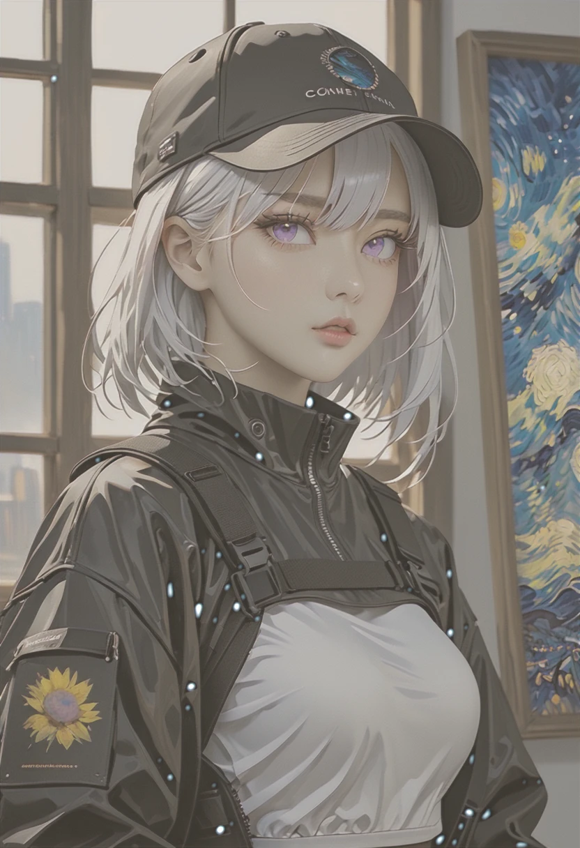 masterpiece, highest quality, 4K, Ultra-high resolution, mishoujo, Painting, Beautiful eyes and fine face, figure, Beautiful details, high resolution figure, Shine_white_particle, One girl, white hair, Light purple eyes, Hair on one eye, Short side details, Baseball cap,Expressionless, Window Shades, Black jacket, Chest Rig, cyber punk, Techwear,(Impressionism:1.4), Vincent van Gogh
