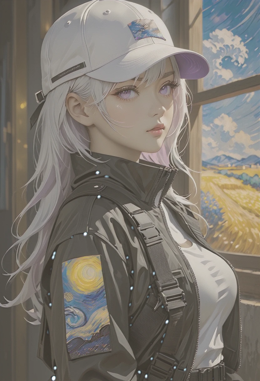 masterpiece, highest quality, 4K, Ultra-high resolution, mishoujo, Painting, Beautiful eyes and fine face, figure, Beautiful details, high resolution figure, Shine_white_particle, One girl, white hair, Light purple eyes, Hair on one eye, Short side details, Baseball cap,Expressionless, Window Shades, Black jacket, Chest Rig, cyber punk, Techwear,(Impressionism:1.4), Vincent van Gogh