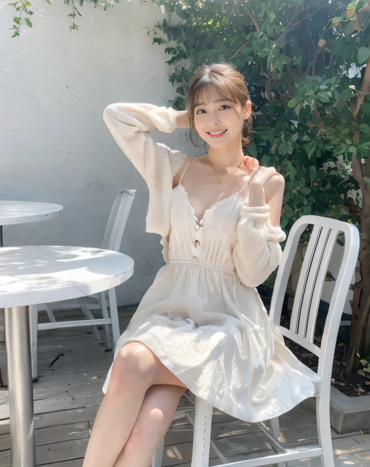 (on the table, best quality, Realistically, Ultra Detailed, meticulous, high resolution, 8k wallpaper), Close-up portrait of a beautiful woman, like, Smile, Light brown messy hair, Perfect dynamic composition, beautiful meticulous eyes, Just like the cover of a fashion magazine, On Campus