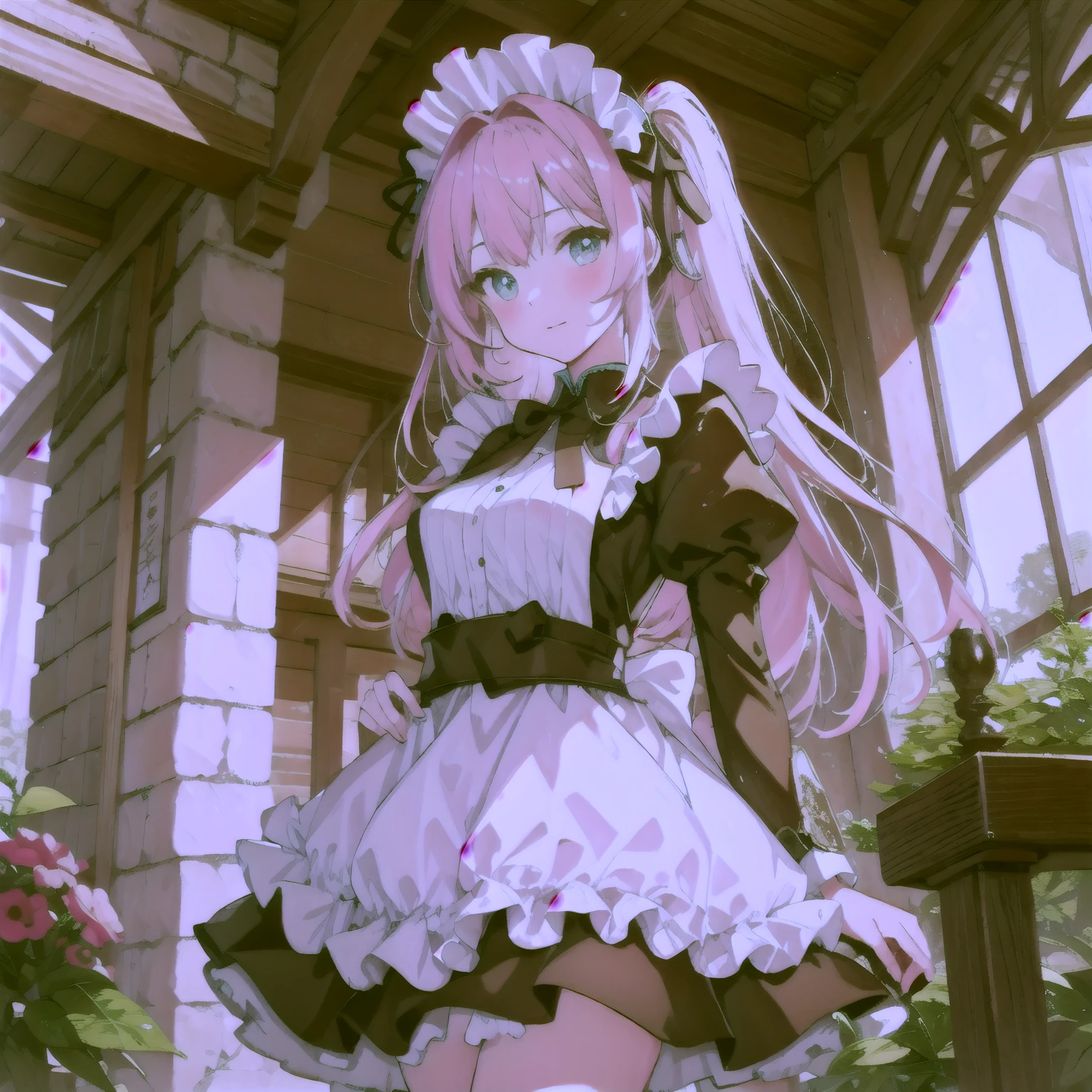 Pink-haired Hatsune Miku-style beautiful girl Wearing maid uniform Inside the castle Japanese anime style