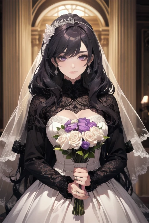 masterpiece, best quality, realistic, 1woman, mature female, beautiful, 25 years old, close his eyes, cute, smile, closed mouth, extremely detailed face, ((dark purple eyes)), ((Black front bang long hair with French twist)), [thin eyebrows], accurate, detailed, ((front bang haor)), in a wedding, ((long sleeve and elegant Wedding dress with vail)), standing and holding flowers