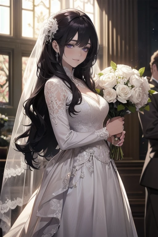 score_9, score_8_up, score_7_up, score_6_up, score_5_up, score_4_up, uncensored, yukinoshita yukino, absurdly long hair, grey eyes, black hair, very long hair, horny face, blush face, lips, naughty face, shiny skin, sweating, steaming body, heavy breathing, (small breasts:1.3), detailed body, detailed eyes, BREAK (masterpiece:1.2), best quality, high resolution, unity 8k wallpaper, (illustration:0.8), (detailed eyes:1.6), extremely detailed face, perfect lighting, extremely detailed CG, (perfect hands, perfect anatomy), bouquet, 1girl, dress, flower, wedding_dress, solo, veil, cleavage, jewelry, gloves, bridal_veil, elbow_gloves, holding_bouquet, white_flower, smile, necklace, bride, rose, white_rose, earrings, looking_at_viewer, holding, white_gloves, choker
