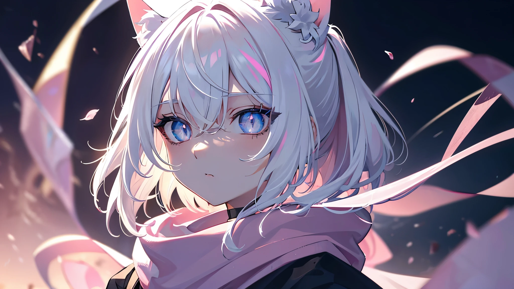 master masterpiece, 4k, highly detailed, anime style, HDR, subsurface scattering, cinematic light, (beautiful detailed eyes:1.6), extremely detailed face, , slender body, muscular, short height, teen, white hair, pink tips, ((white and pink theme)), short ponytail hair, pink eyes, bright neon pink eyes, scarf, cat ears, dark robe, Clear focus，hard lighting，vivd colour.