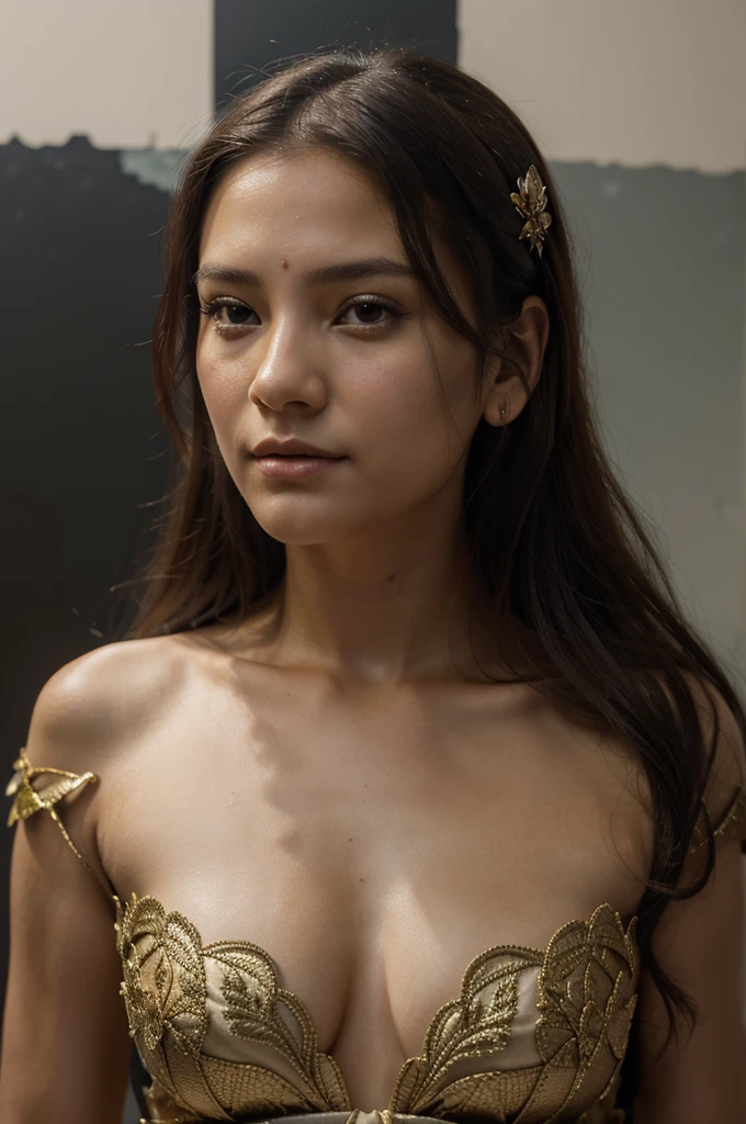 (Positive Focus, original photo), close-up portrait, (in the dark:1.1), Surreal female portraits David Hockney and Alphonse Mucha, fantasy art, 1 woman, สวมcarryสัตว์อันงดงามด้วยภาพถ่ายที่สมจริง, dynamic light, art station, poster, Amount of light, Very detailed face, 4 ก, call for prizes, shadow, speak little, (Formal costume: 1.4, Gorgeous carry, Intricate costume, carry), Looking at the camera, chest shot, ((realistic face))),