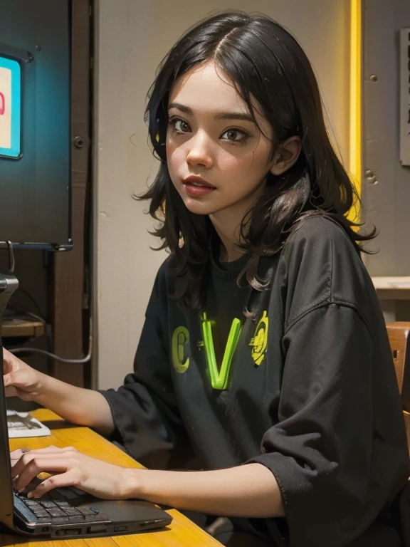 ((highest quality)), ((masterpiece)), (Very detailed:1.3), 3D,Neon Black, beautiful cyberpunk woman,(Wear a large, high-tech head-mounted display:1.2),wear a cape,Hacking a computer terminal,Purple neon light from monitor, Green neon sign on the wall,