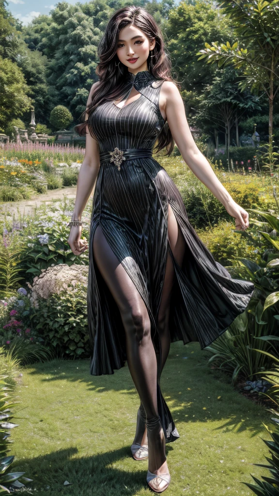 Best Quality, 4K, masterpiece, very sharp image,extremely beautiful woman,pinup,standing,highly detailed beautiful face,big eyelahes,little smile,minimum waist,maxi slit summer dress, tights,long hair,excellent sense,(((one person))),highly detailed body,flower garden in spring background