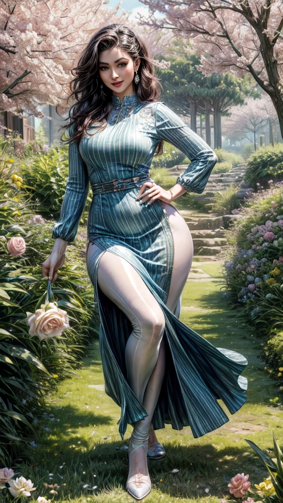 Best Quality, 4K, masterpiece, very sharp image,extremely beautiful woman,pinup,standing,highly detailed beautiful face,big eyelahes,little smile,minimum waist,maxi slit summer dress, tights,long hair,excellent sense,(((one person))),highly detailed body,flower garden in spring background