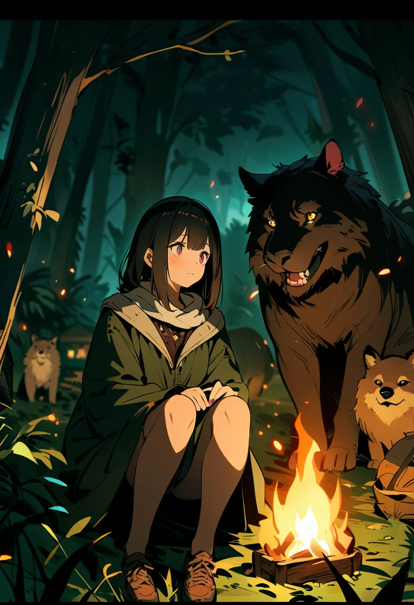dark fantasy, horror, lone female traveler, adventure, jungle, night, small camp,one camp fire, woman sits huddled on a ground around the campfire, black background, all around dark and nothing to see but dozens of glittering eyes of wild animals, (best quality,4k,highres:1.2),