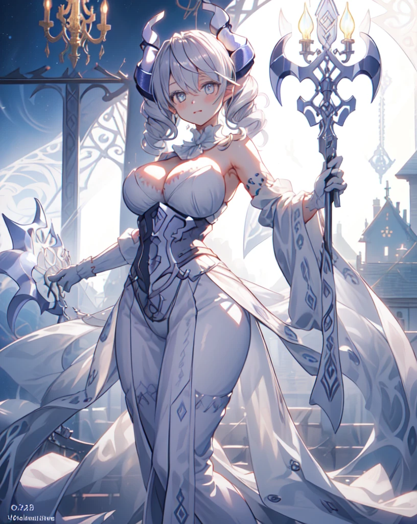 One girl, labrynth, Silver Hair, Grey Eyes, big breasts, horn, Cleavage, White Dress, white elbow gloves, silver castle, ivory, Exquisite, chandelier, blush, Nervous,Cowboy Shot, highest quality,((highest quality)),((Tabletop)),((Perfect Face)),1 girl,(Background Blur), ((Holographic)),1 girl,milky way, (stripes of light), Impressive visuals, (Dynamic Streaks, Path of Light:1.2), Bright colors,whole body,Dynamic pose,full body,(masterpiece:1.2, highest quality),(Colored Background) (Beautiful fine details: 1.2), (Very detailedな CG Unity 8k 壁紙, masterpiece, highest quality, Very detailed, Best Shadow), (Detailed Background)