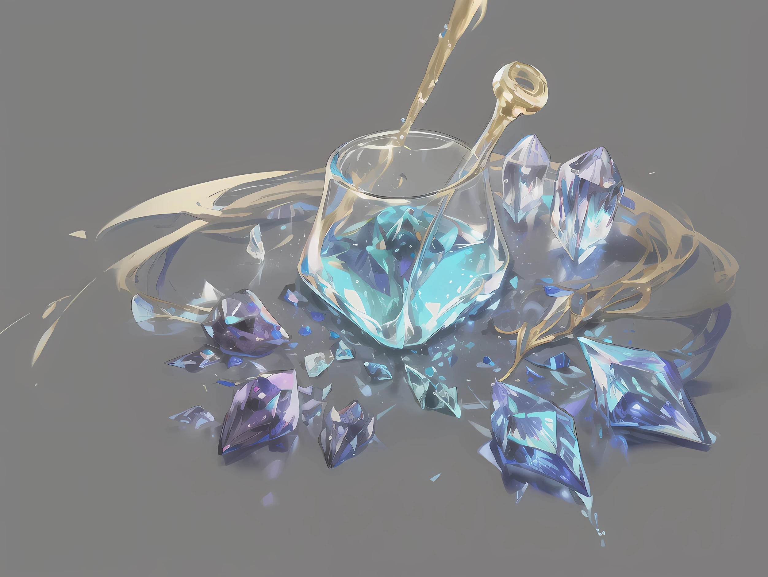 Large crystal bottle, Crystal shape, Glass , Purple and blue liquid, diamond, Sketch style, simple, blue crystals，Marble texture multicolored colors，Golden background，correct