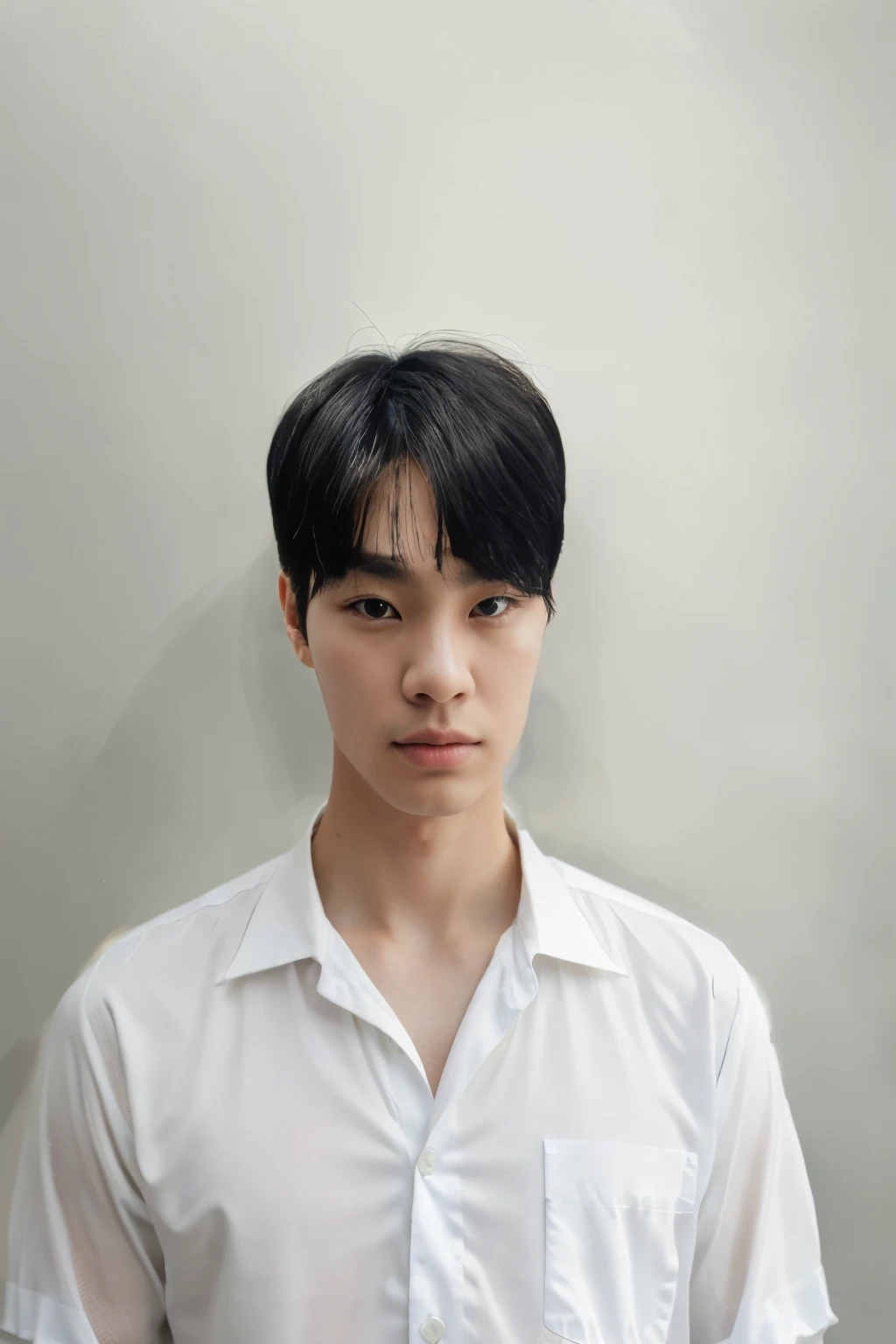 Best Quality, 8k, Masterpiece, (Portrait: 1.3), (photo realistic:1.4), (hyper realistic:1.4), Sharp Focus, looking at viewer, (smoother lighting:1.1), (increase cinematic lighting quality:0.9), realistic lighting, backlighting, light on face, ray trace, (brightening light:1.2), (Increase quality:1.4), sharp detail, (best quality real texture skin:1.4), finely detailed eyes, black_eyes, finely detailed face, 25 year old Korean man, (white formal_shirt:1.4), (hairstyle remains exactly the same as the original:1.4)