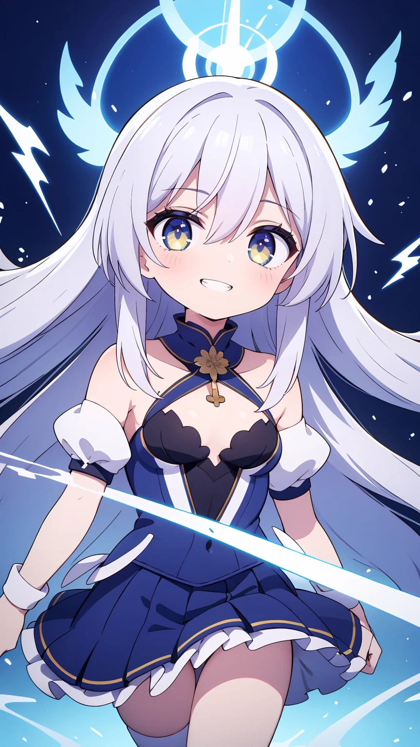 Masterpiece, highest quality, ultra-definition, 4K, super fine illustration, high-definition beautiful face and eyes, light blue color scheme, lighting, fantasy, solemn atmosphere, long skirt, glowing eyes, long hair, hair between the eyes, cross bangs, grin, Particle light, luminescence, plasma, electric current, blue flame, sense of depth, dynamic angle, one girl, smile,