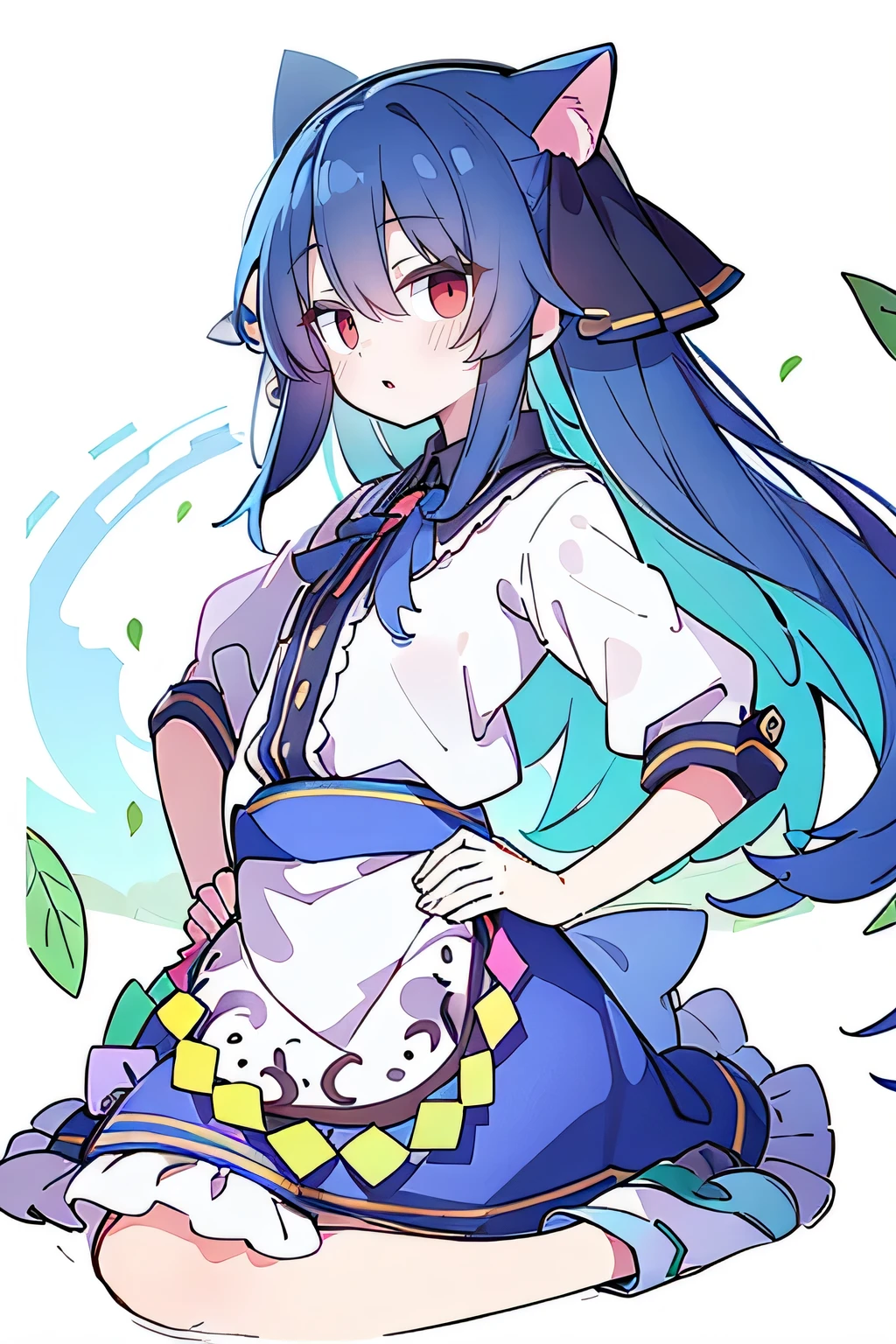(best quality,4k,8k,highres,masterpiece:1.2),ultra-detailed,(realistic,photorealistic,photo-realistic:1.37),expressive eyes, perfect face, beautiful detailed eyes, beautiful detailed lips, extremely detailed eyes and face, 1girl, fair skin, gorgeous appearance, Japanese cartoons, lola, Hina Angel, blue hair, blue-haired girl, floating clothes, hands on waist, grab your waist, hands on hips, sit on the ground, legs on the ground, flat chest, cat ears, petals falling, sitting in a summerhouse, summerhouse, sunny day, tranquil garden, emerald green grass, vibrant flowers, gentle breeze rustling the leaves, soft sunlight filtering through the trees, soft shadows caressing the surroundings, a serene atmosphere, harmonious colors, dreamlike setting