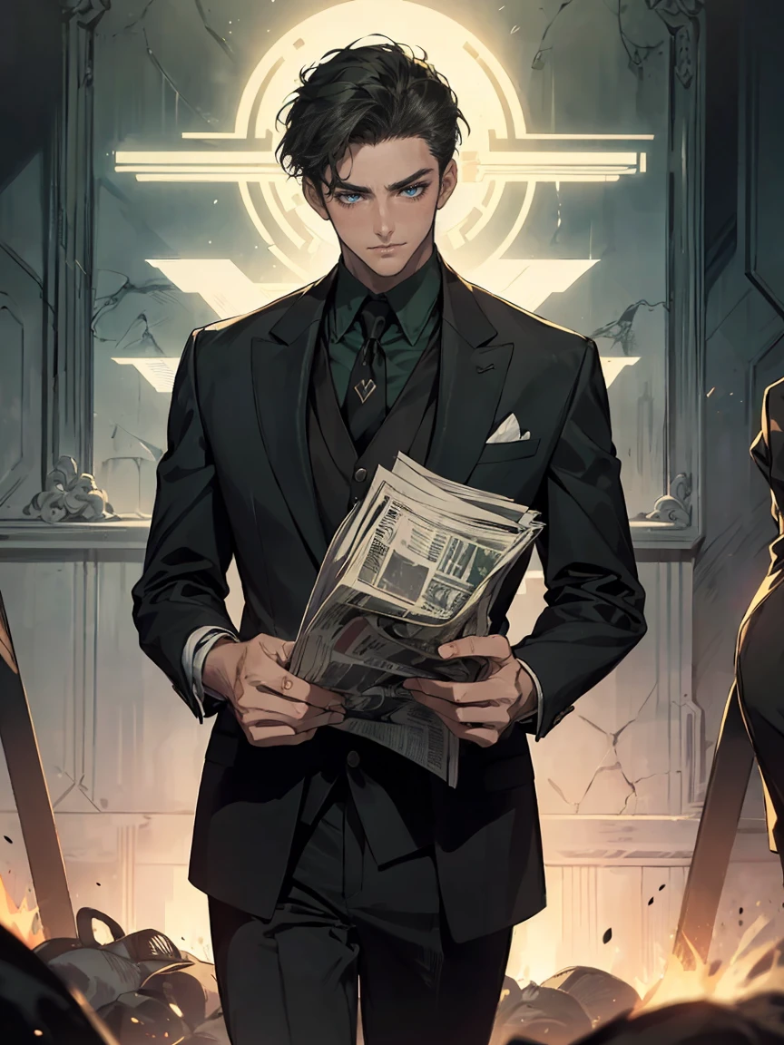 ((One young man in a black suit and tie)), Gotham, alejandro, (((Dark short hair swept to the side))), (dark green eyes and thick eyebrows), grin, ((20-year-old)), ((masterpiece)), read the newspaper , ((cinematic lighting)),