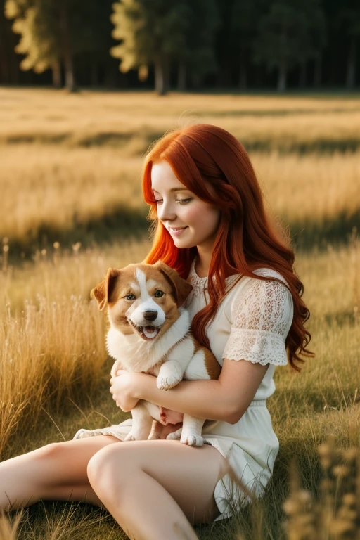 little red-haired girl holding a puppy sitting in the meadow, professional photo, 4k, a high resolution, High detail
