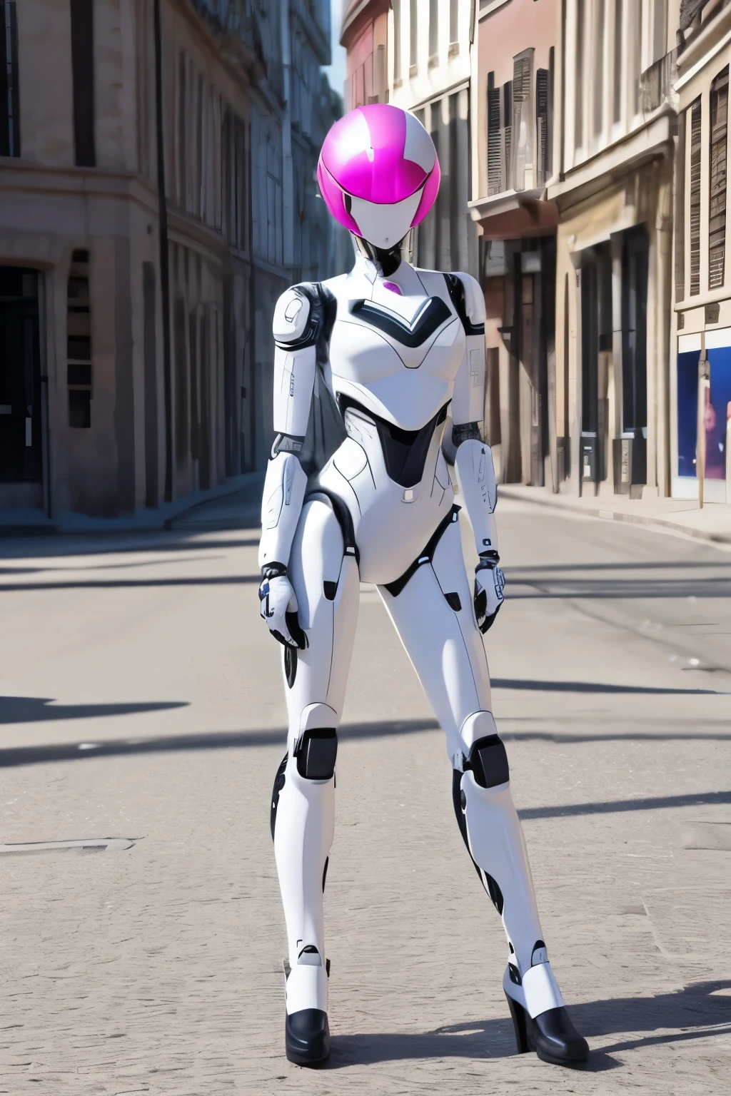 un robot rose humanoide rose sexy regarde la camera, full body , photo entière shoot sur fond blanc, de face