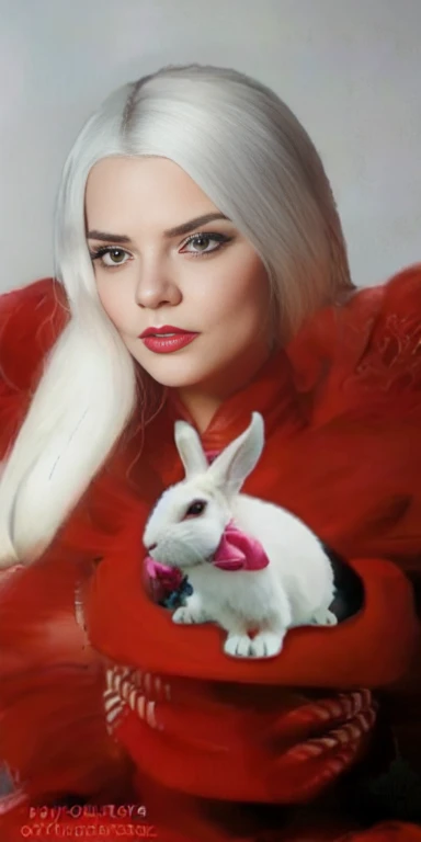 arafed woman with white hair and a red dress holding a white Rabbit, Kerley Coive, modeling photograph Kerley Coive, Rabbit, Kerley Coive as anime girl, Rabbit girl, white Rabbit, playboy Rabbit, based on Ivana Kobylka, Rabbit_Rabbit, like Alice in Wonderland, lola Rabbit fanart, the white Rabbit