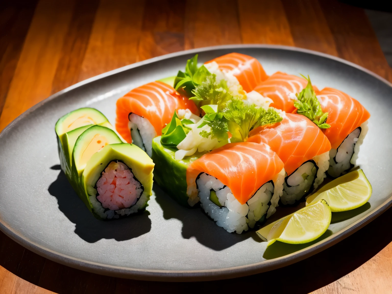 (succulent, fresh) sushi displayed on a (stylish, sleek) slate plate in a (contemporary, modern) restaurant, surrounded by (subtle lighting, soft ambient music) to create a (relaxing, sophisticated) atmosphere. The sushi rolls are (meticulously crafted, beautifully presented) with a variety of (vibrant, colorful) ingredients such as (fresh fish, avocado, cucumber), The (high-quality, high-resolution) ((portrait)) showcases the sushi in (exquisite detail, sharp focus) from the top, bringing out the (delicate, intricate) textures of the fish and the artistry of the chef. The colors in the image are (rich, vibrant), with a (subtle, warm) color tone to create a (harmonious, inviting) visual experience. The (soft, natural) lighting in the restaurant casts a (gentle, flattering) glow on the sushi, highlighting its freshness and quality.