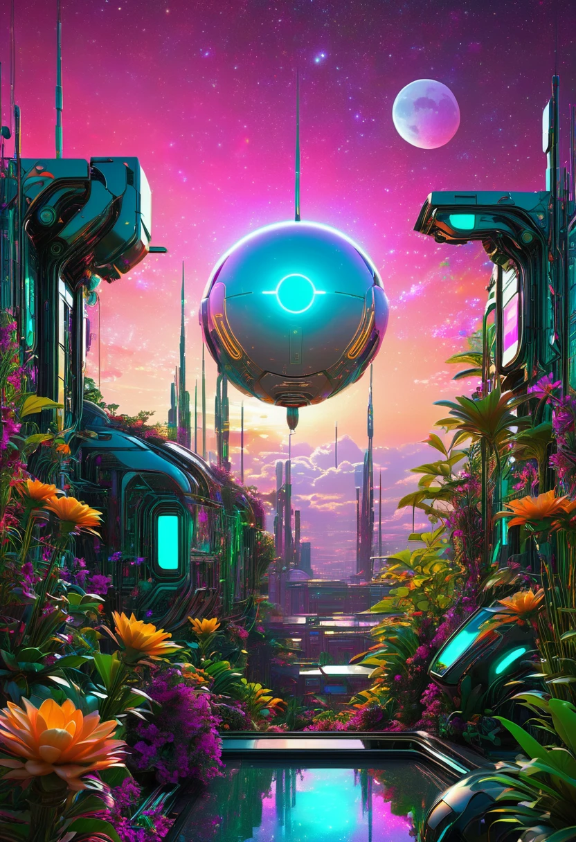 Sunset in a neo-age version of Eden, cybernetic robotic bedroom featuring future matrix unicode dreams, unique individuals melding with exotic flora and architecture, under a cosmic sky filled with multiple suns and a visible moon, digital painting, neon glow, volumetric lighting, highly detailed, ultra-fine textures