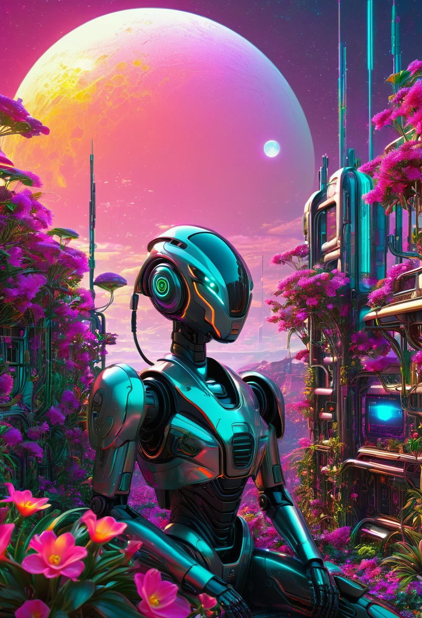 Sunset in a neo-age version of Eden, cybernetic robotic bedroom featuring future matrix unicode dreams, unique individuals melding with exotic flora and architecture, under a cosmic sky filled with multiple suns and a visible moon, digital painting, neon glow, volumetric lighting, highly detailed, ultra-fine textures