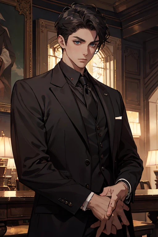((One young man with a black suit and tie)), alejandro, (((one side swept dark short neat hair))), ( green eyes and thick eyebrows), ((20 years old)), ((masterpiece)), ((cinematic lighting)), relax look and smirk, waiting for someone