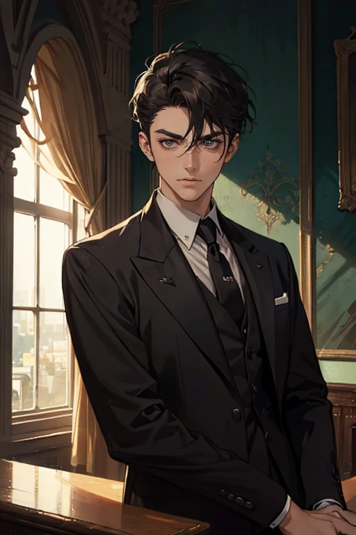 ((One young man with a black suit and tie)), alejandro, (((one side swept dark short neat hair))), ( green eyes and thick eyebrows), ((20 years old)), ((masterpiece)), ((cinematic lighting)), relax look and smirk, waiting for someone