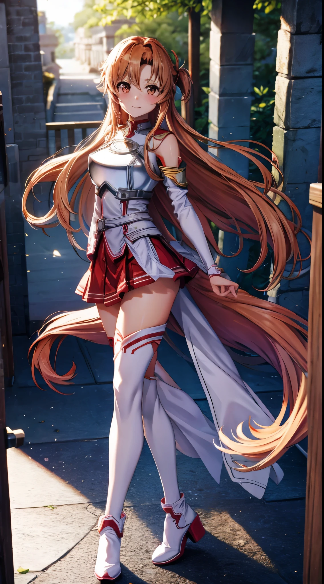 hight resolution, best pictures,Yuuki Asuna , skimpy armor, revealing clothes, short skirt, super precision,、[3D images:1.35]、[[In high-quality anime、Cute Asuna with brown hair and brown eyes:1.15]]、high-school uniform、a park