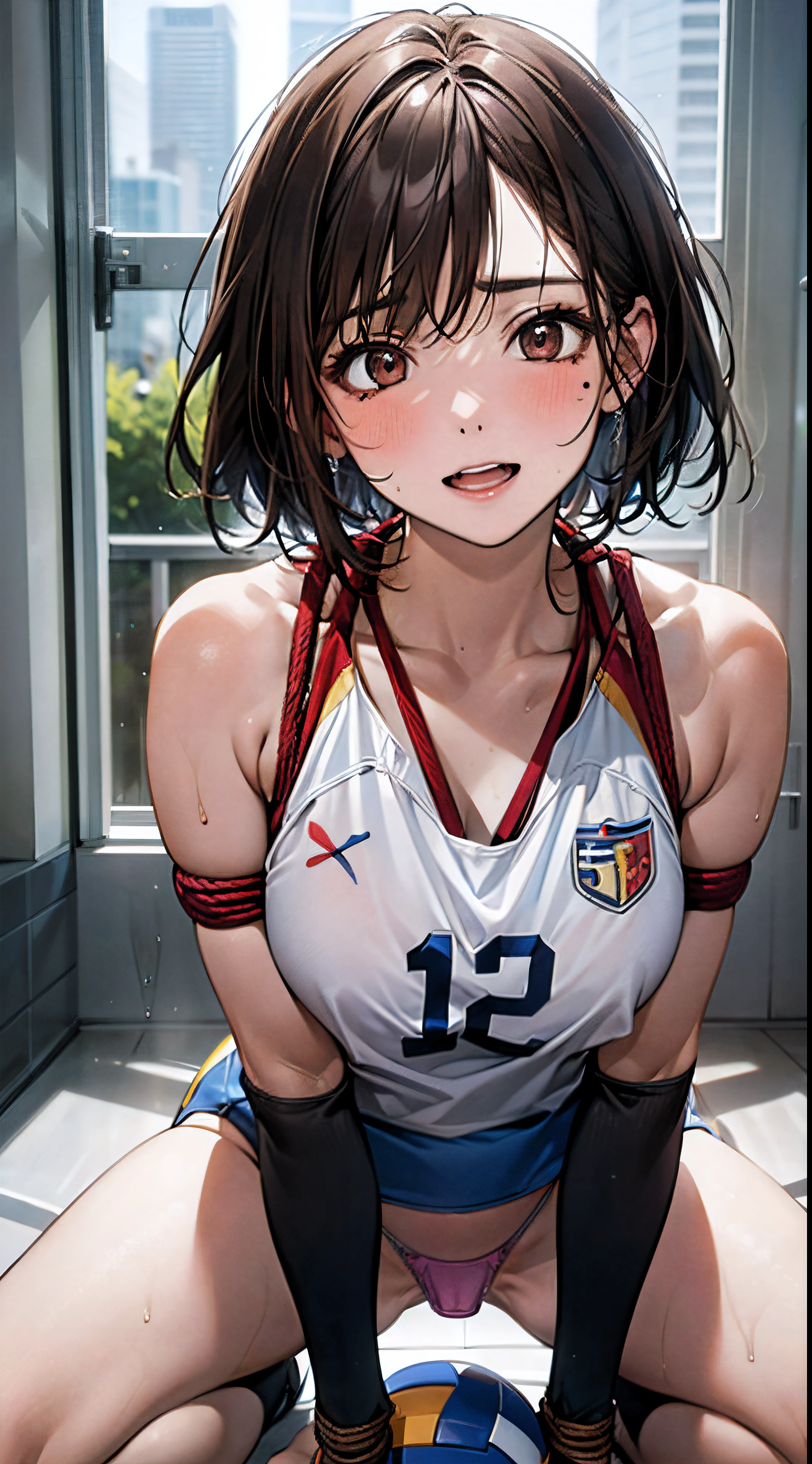((((perfect anatomy, anatomically correct, super detailed skin)))), 1 girl, japanese, , volleyball player, shiny skin, watching the view, 
beautiful hair, beautiful face, beautiful detailed eyes, brown eyes, (short hair:1.1, bob cut:1.2), babyface, monder eye, 
beautiful collarbones, beautiful body, beautiful breasts, beautiful thighs, beautiful legs, large breasts:0.5, seductive thighs, cameltoe, bare arms, bare hands, bottomless, break, 
((symmetrical clothinetallic)), (((buruma:1.3), crop top:1.1, sleeveless volleyball uniform)), break, 
(((((brown rope)), shibari:1.6, (shibari over clothes)))), ((arms behind head:1.8, breasts bondage:1.2, arms bondage:1.2, legs bondage:1.2)), (((toys in panties:1.3))), 
((ashamed, open mouth, sweaty)), ((kneeling, spread legs)), break, 
(beautiful scenery), evening, day, ((volleyball gymnasium, volleyball cort)), 
(8k, top-quality, masterpiece​:1.2, extremely detailed), (photorealistic:1.2), beautiful illustration, cinematic lighting,
