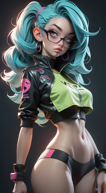 ((Best Quality)), ((Masterpiece)), ((Realistic)) and ultra-detailed photography of a 1nerdy girl with goth and neon colors. She has ((turquoise hair)), wears a (tech-wear top) and a (black thong, red pattern:1.2) , ((beautiful and aesthetic)), sexy, under-boobs, hot