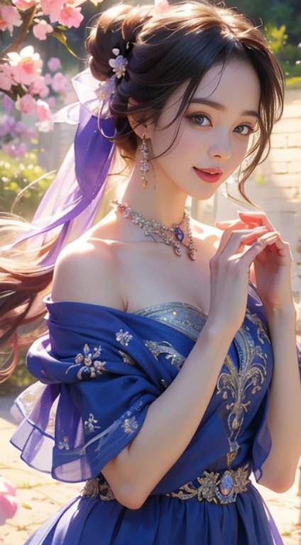 (highest quality,4K,8k,High resolution,masterpiece:1.2),Very detailed,(now,Realisticに,Realistic:1.37),girl in a luxurious blue dress,His eyes were sparkling with joy, Her lips were slightly curved，優しいsmileを見せる. The sun casts a warm golden light on her face, It brings out her beauty. The flowers are bright pink and purple、A wide range of soft pastel colors。, Create a harmonious and visually pleasing composition. Soft and diffuse lighting, Creates a fantastical and magical atmosphere. girl standing in the middle of the field, Please raise your arms a little, Enjoy the beauty of nature. Carefully Balanced Formula, girl&#39;Off-center position, Create a sense of movement and vitality. The flowers are carefully painted in detail......, Even the petals and leaves are carefully drawn... girl&#39;The skirt wraps her elegantly, Adds elegance and femininity to any occasion. All inclusive, Works that evoke happy feelings, Enshrine, Appreciation for the beauty of nature.smile