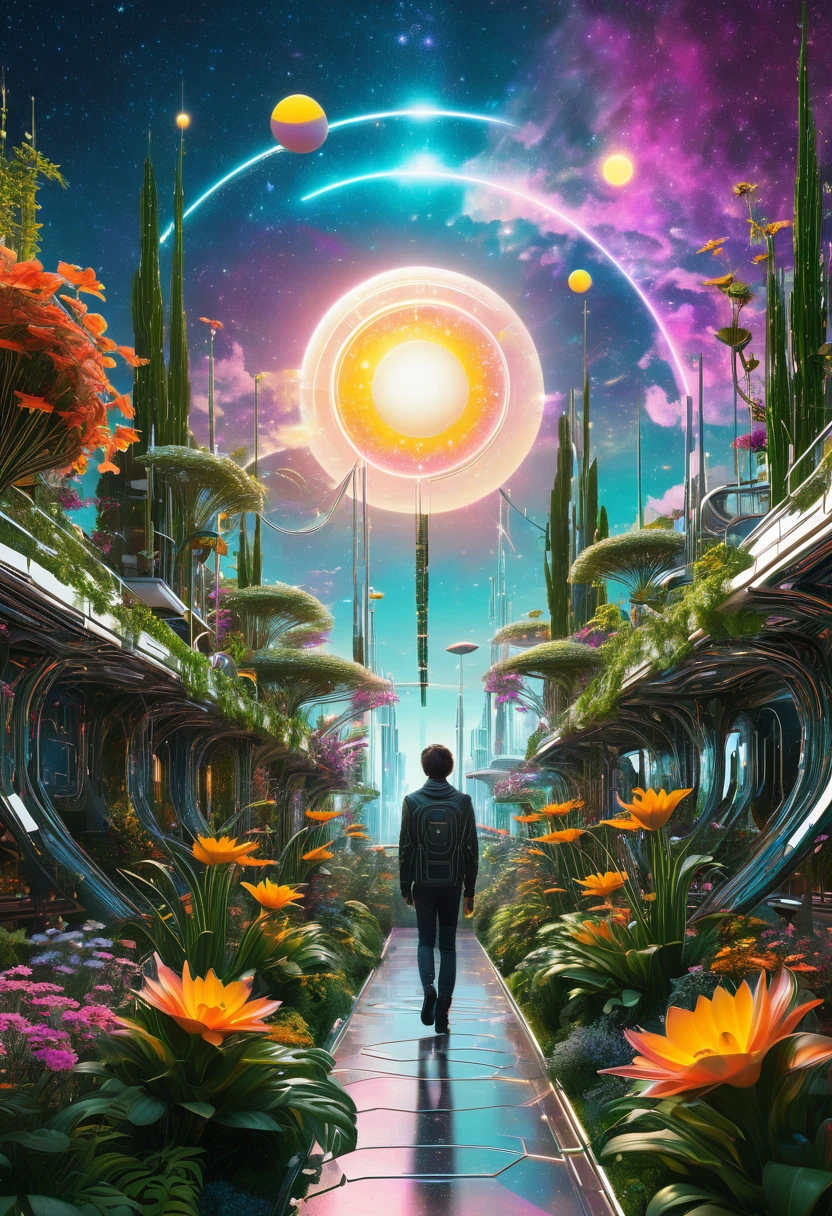 Cybernetic living room merging seamlessly into a neo-futuristic New Eden garden, sunset casting a warm glow on the distinctive individuals strolling amidst intertwined flora and structural elements, cosmic sky overhead adorned with multiple suns and moons, unified in an intricate digital art piece, incorporating Matrix-style uniCODE elements, breathtaking surreal masterpiece, ultra-fine details.