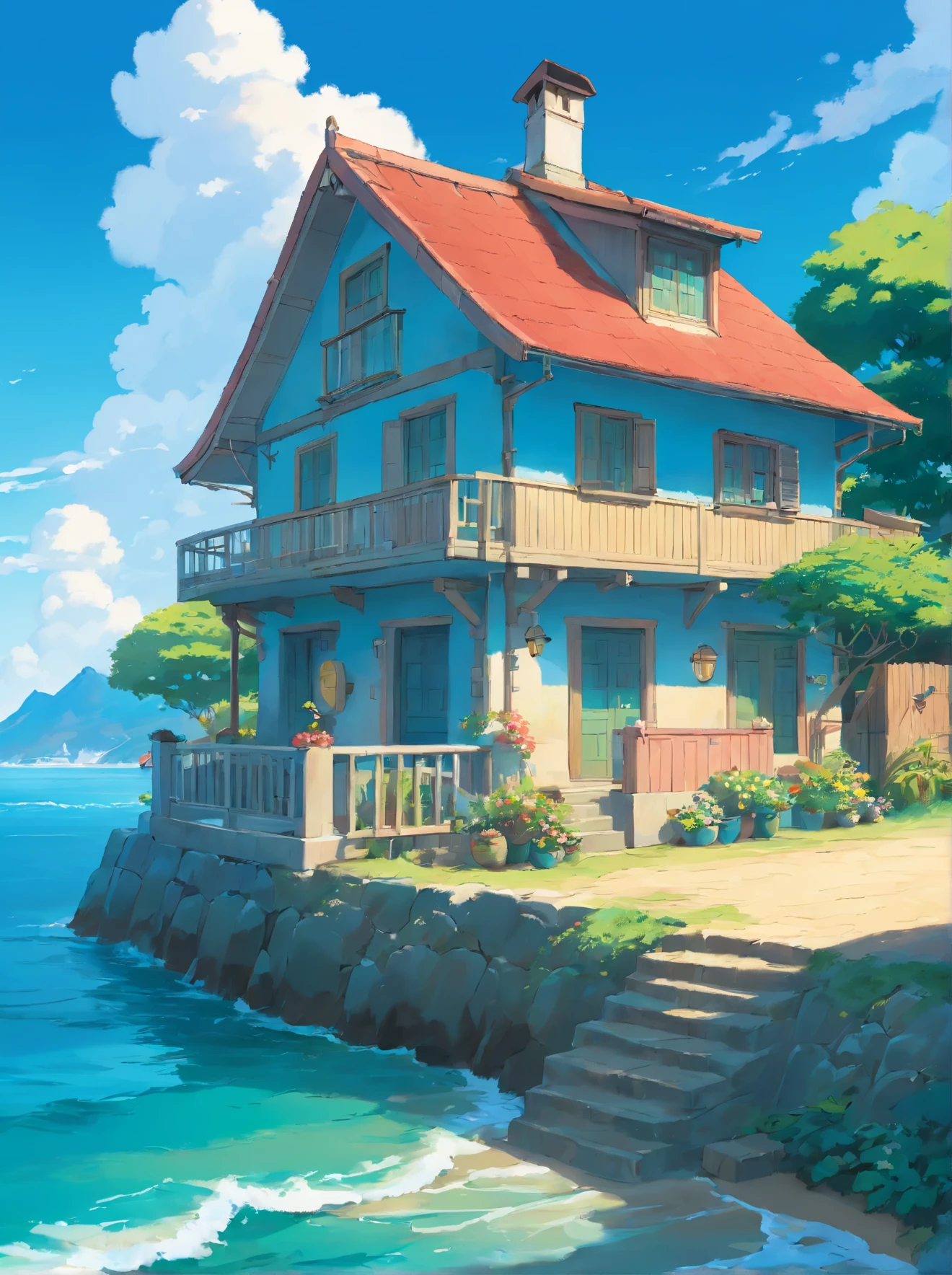 Seaside cottage, Blue sky, Brasil, small boats, the detail, 8k HD, best quality,ultra - detailed, Illustration,Best shadow,masterpiece,A high resolution,professional artwork,famous artwork