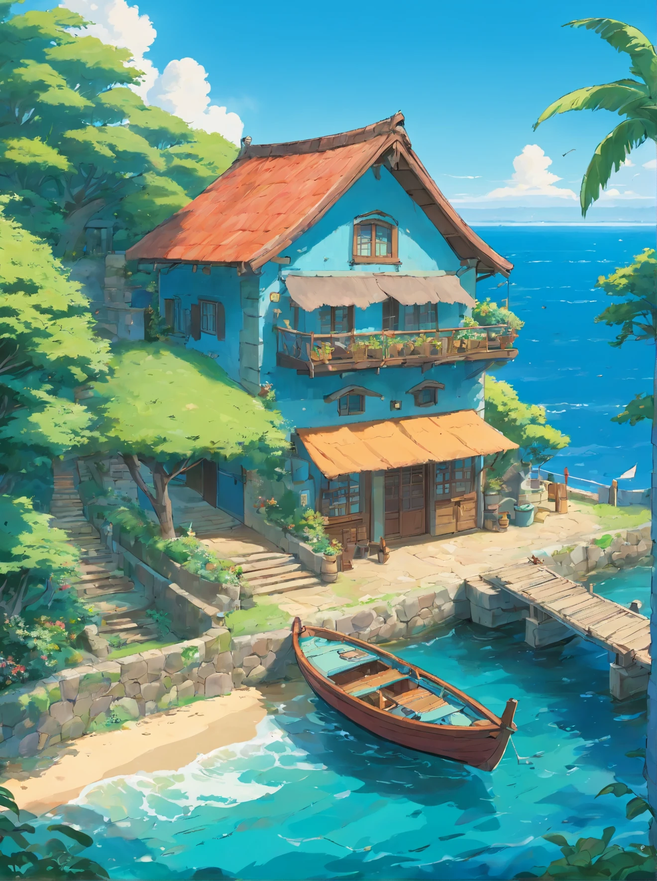 Seaside cottage, Blue sky, Brasil, small boats, the detail, 8k HD, best quality，ultra - detailed, Illustration，Best shadow，masterpiece，A high resolution，professional artwork，famous artwork