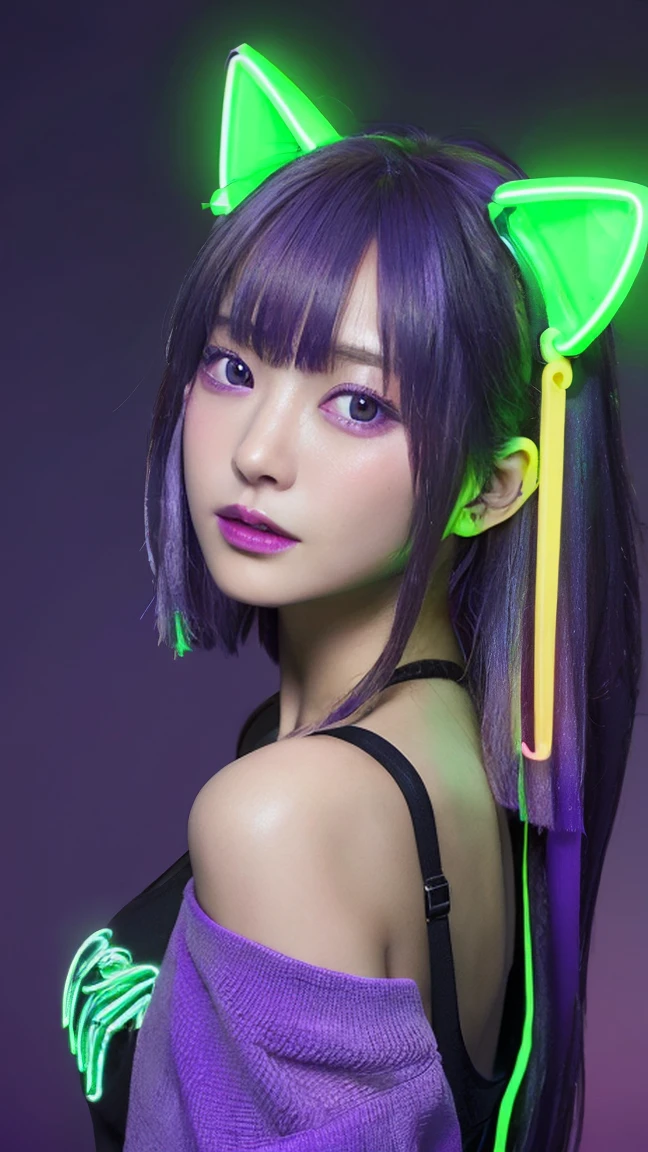 (Neon purple thema:1.2), masterpiece, highest quality, 4K, (Photorealistic), bokeh, enlightenment,(1 perfect portrait of a girl), (A fascinating eye for perfect detail:1.2), colorful hair, (gradient hair), (neon purple soft hair:1.6), (Cat ear:1.2), fantasy background, (exposed bare shoulders), (long-term alienation sleeve), (lean forward a little), head tilt, (movie lighting:1.2), oversized clothes, (seductive pose:1.4), (neon purple  background:1.6), purple beautiful eyes, close up,
