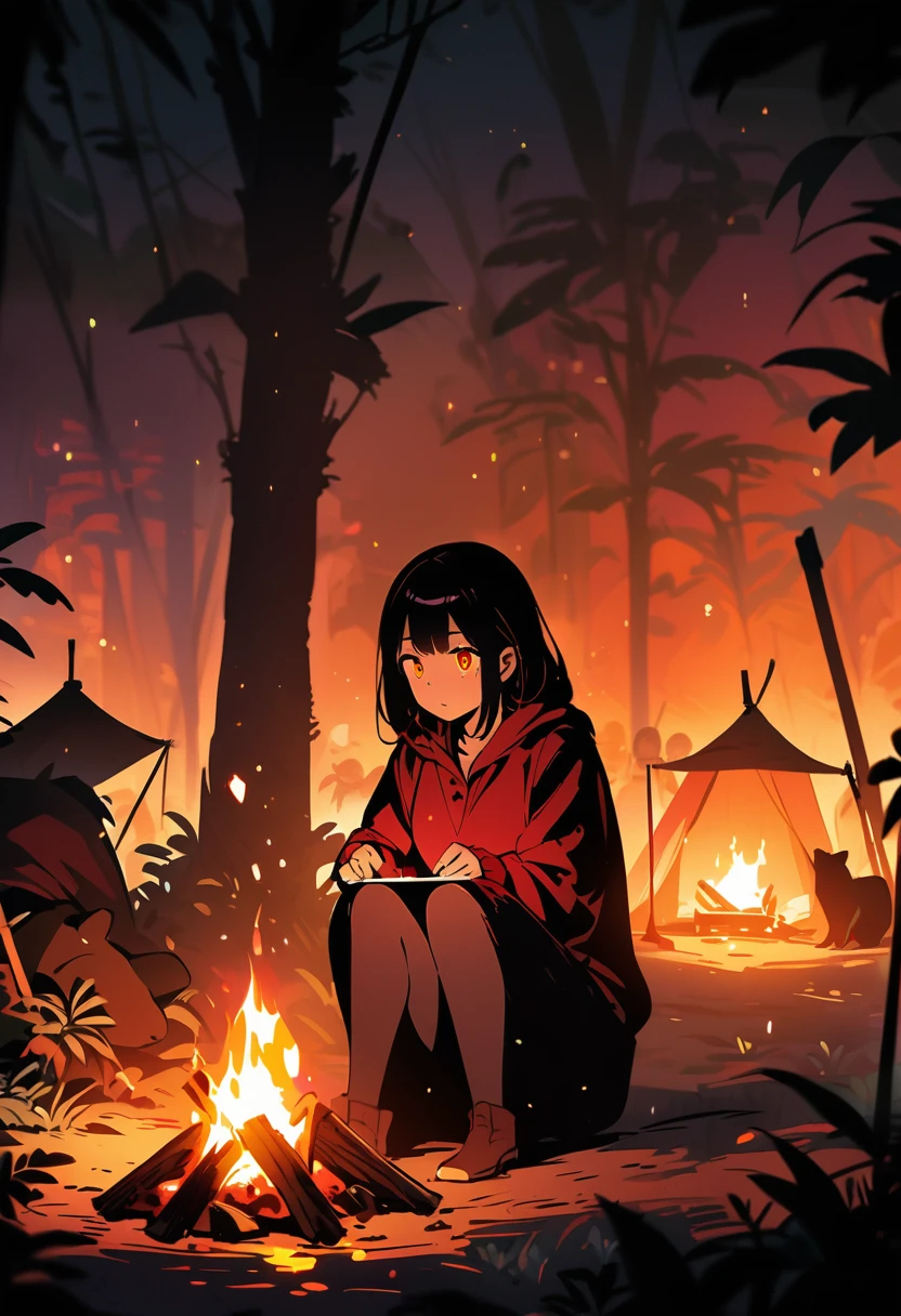 dark fantasy, horror, lone female traveler, adventure, jungle, night, small camp,one camp fire, woman sits huddled on a ground around the campfire, black background, all around dark and nothing to see but dozens of glittering eyes of wild animals, (best quality,4k,highres:1.2), 