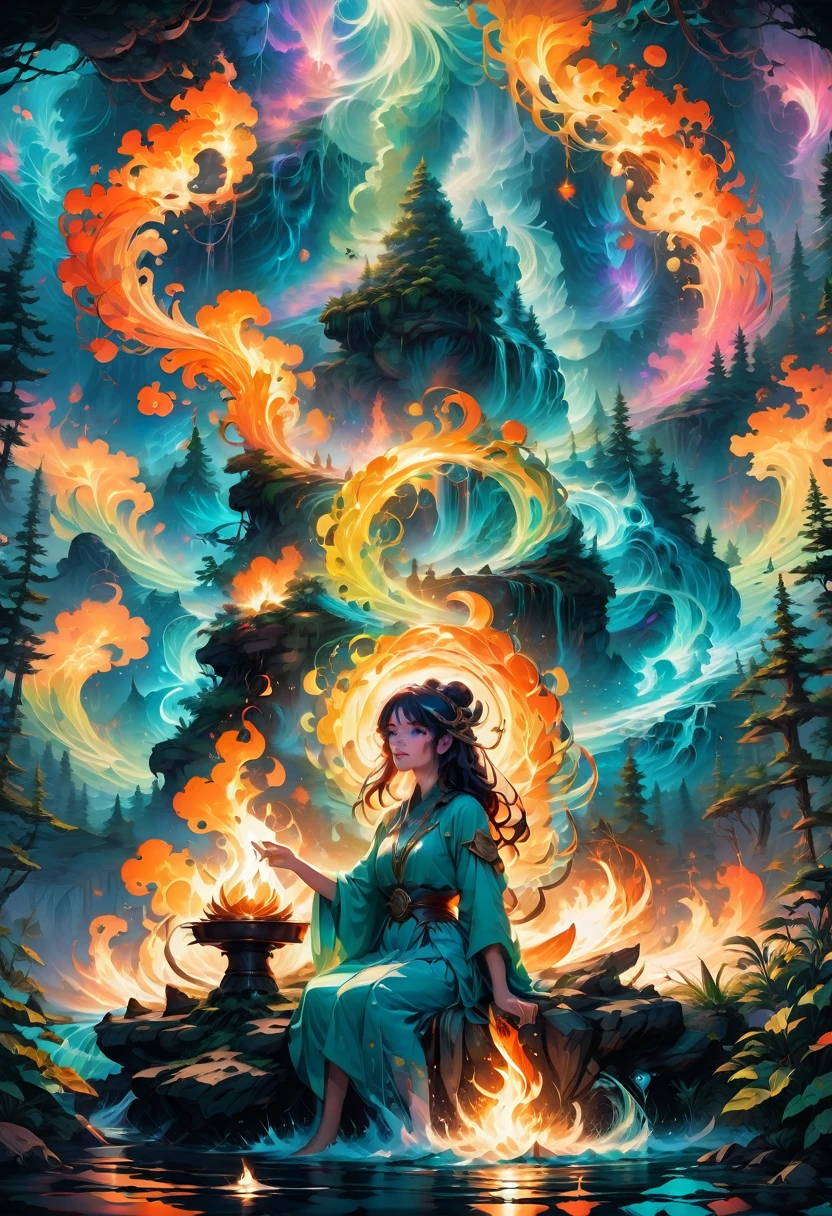 1girl, Campfire, aesthetic, Digital painting of a mystical druid performing a ritual around a large campfire at the summit of a mountain with rapids flowing below through a lush fantasy wilderness forest, trending on artstation, fantasy art by Greg Rutkowski and Alphonse Mucha, detailed matte painting, deep color, fantastical, intricate detail, splash screen, complementary colors, fantasy concept art, 8k resolution trending on Artstation Unreal Engine 5