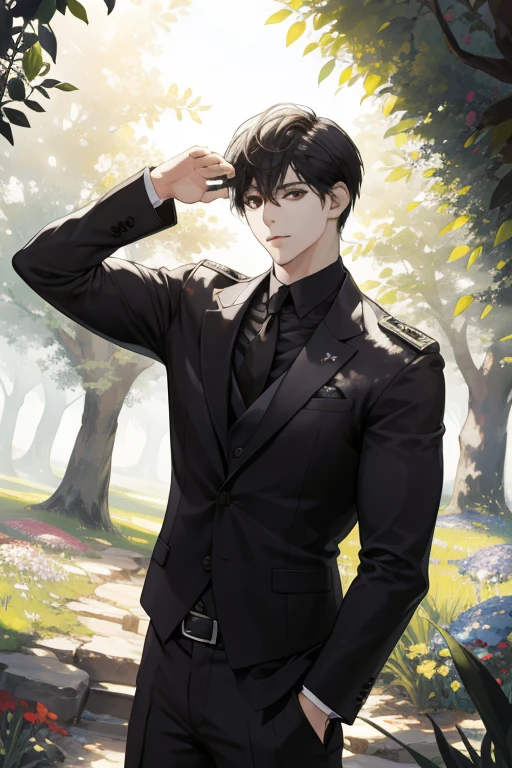 (absurdos, highres, ultra detallado), 1 hombre, adulto, guapo, chico alto y musculoso, hombros anchos, ojos finamente detallados y cara detallada, cabello negro, ojos grises, guapo, traje, fantasy, uniforme, real, bosque, flores floreciendo flores brillantes, luz del sol, Fantastic light and shadow, paisaje, retrato