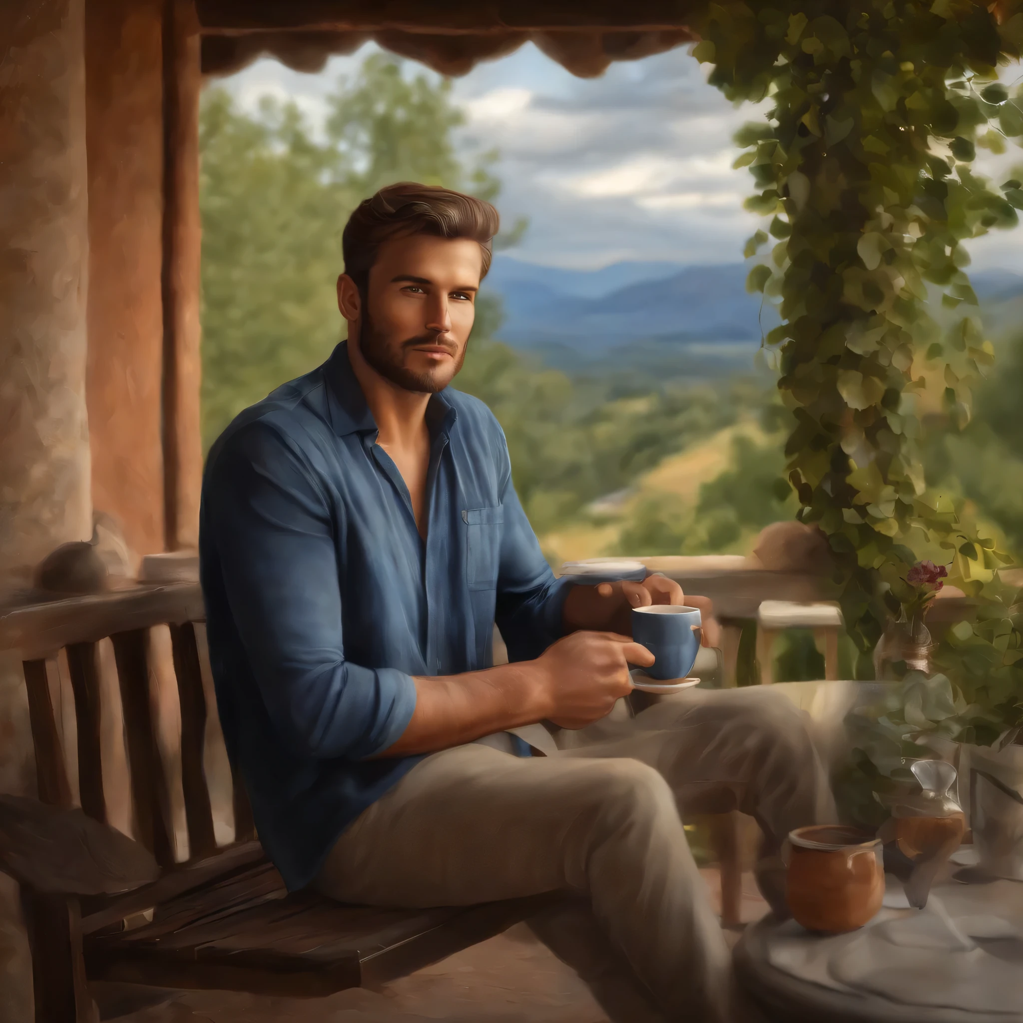 painting of a handsome man sitting on the veranda of a very rural house
beautiful, mountain view, holding a hyper realistic cup of coffee with thick impasto strokes, abstract digital art, futuristic, outdoors, aleksi brilot, ultra detailed, ultra realism, photorealistic, perfect detail, hyper realistic, 4k, 3D, HDRi