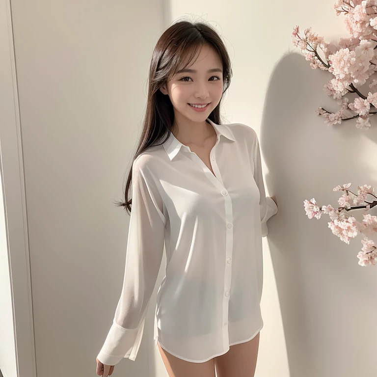 A picture of cherry blossoms in full bloom is drawn on the wall of a pure white room, and a beautiful 18-year-old Japanese girl stands in front of the wall, looking at her and smiling slightly, wearing only the white long-sleeved blouse that is the designated by her Japanese high school. One woman. Her focal length is 100mmf/2.8, white narrow room, well-shaped face, toned body, beautiful legs, close-up of eyes, realistic feeling, 8K image quality, highest quality.
