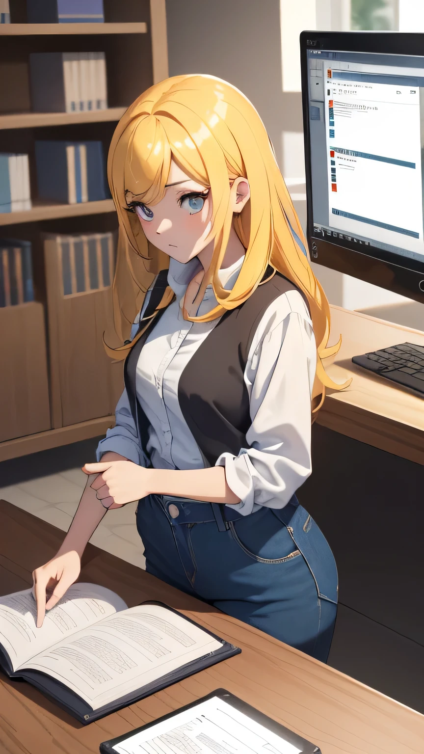 (8k, RAW foto, mejor calidad, (Obra maestra, super high quality, super detailed), anime style chica joven, Absoluto, detalles intrincados, Mujer arafed apoyada en un escritorio con tres pantallas de computadora., showing stock charts, En frente de una computadora, sentado en una computadora desk, mirando el monitor, sentado frente a la computadora, sentado en una computadora, Comercio, sentado en un escritorio, Proveedores, Comercio stocks, centrado en el centro, sentado en el escritorio, accurately portrayed