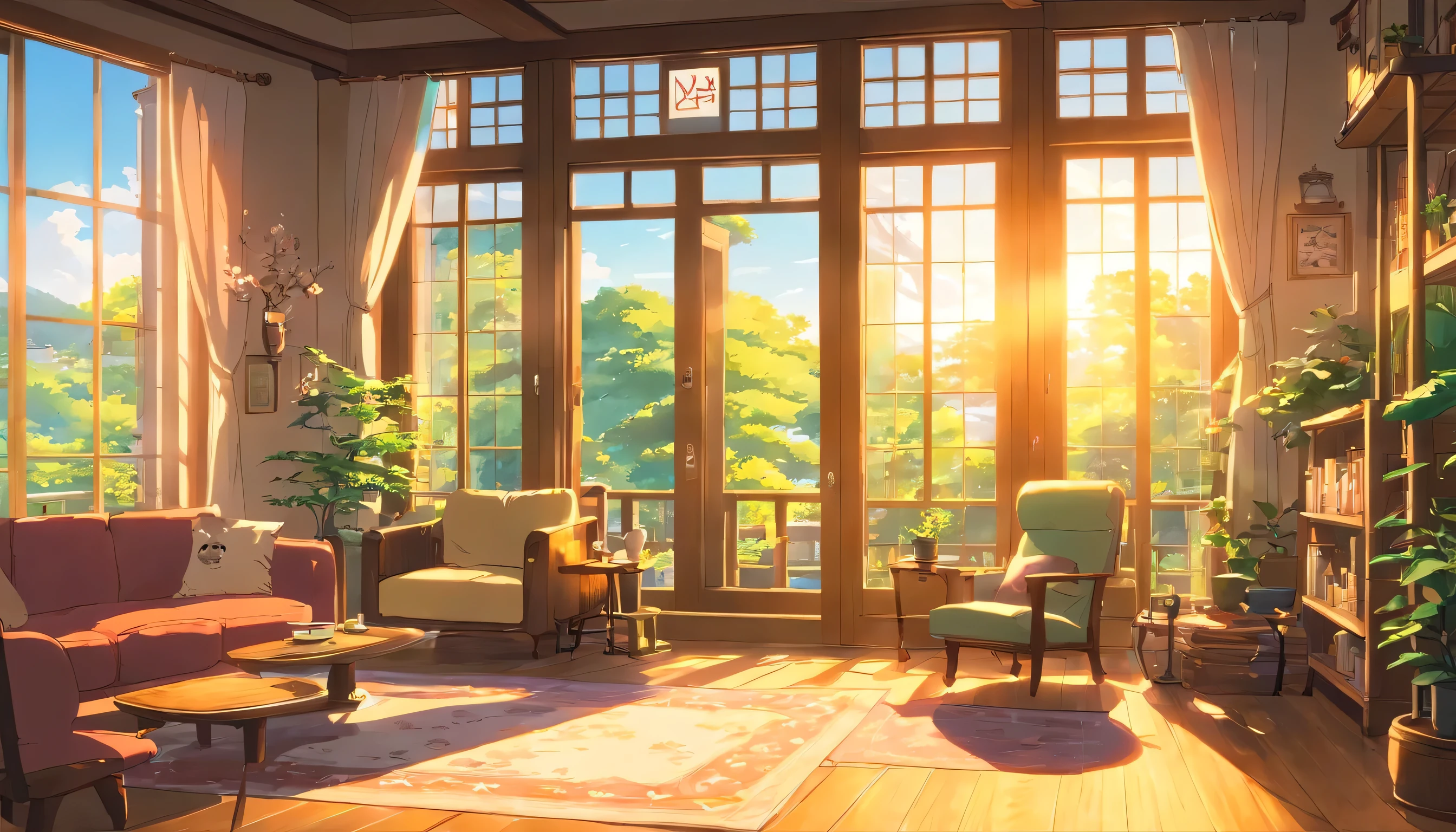 Morning sunlight shines through the windows in the spacious and bright living room，My sister laughed with me