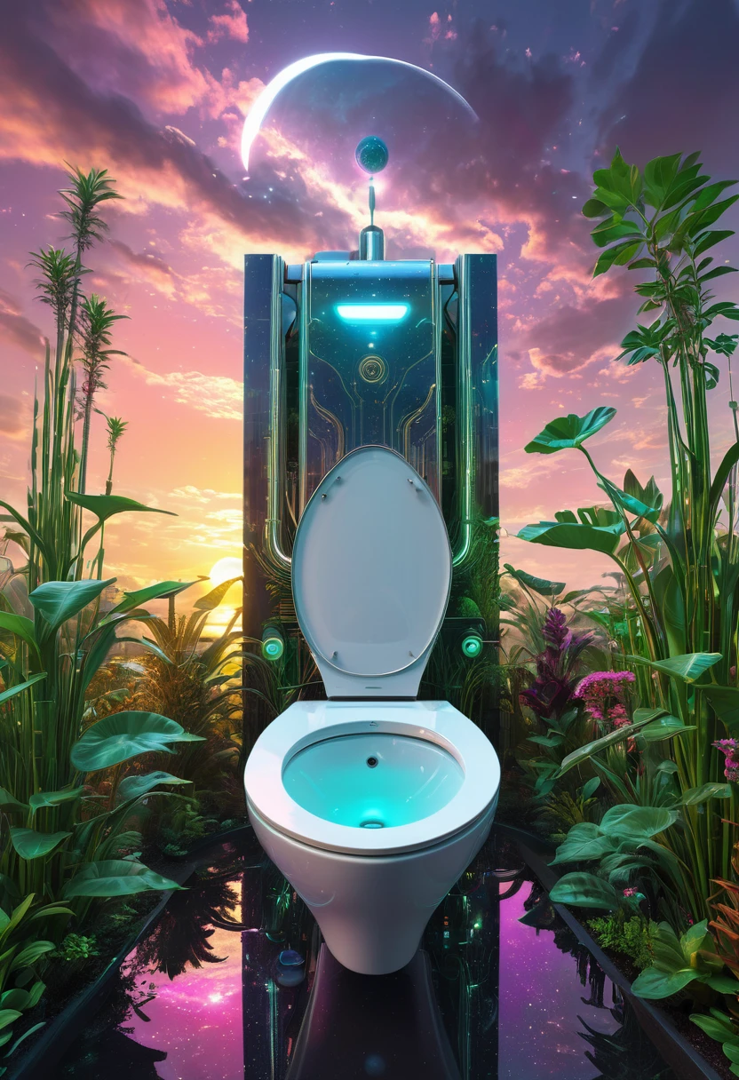 Cybernetic robotic toilet immersed in the futuristic realm of a neo-Eden, bathed in the dwindling rays of a dramatic sunset, full of one-of-a-kind beings and rare plants seamlessly integrated with architectural marvels and enveloped by a cosmic sky displaying dual celestial bodies, suns and the moon, digital art, neo age, unique and captivating individuals, architectural-fl