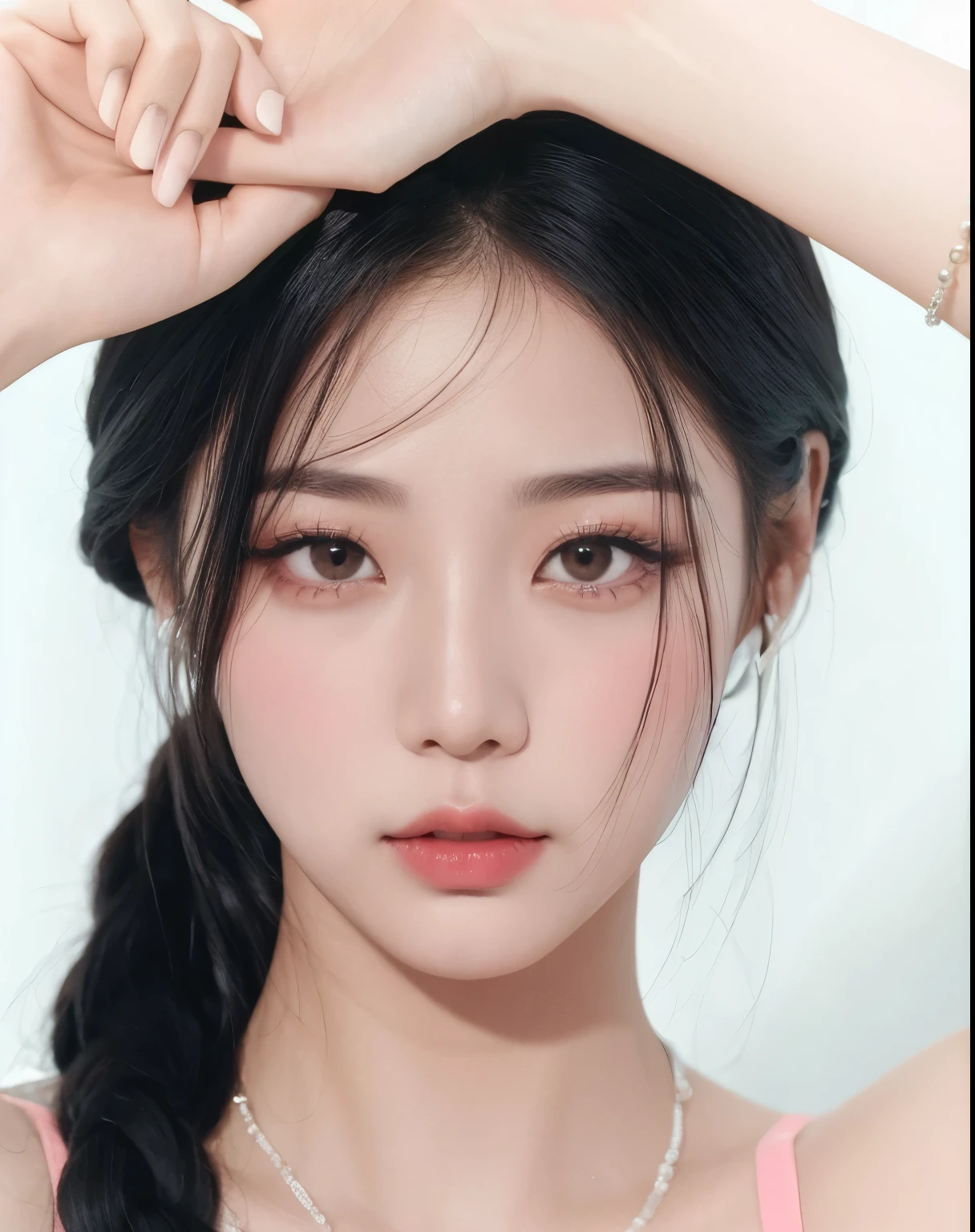 Hay una mujer con un top rosa y un collar., maquillaje popular de corea del sur, maquillaje coreano popular, Minari Twice, south east asian con cara redonda, rasgos de la cara coreana, con cara redonda, joven y adorable rostro coreano, ulzzang, pale korean adorable face, Hermoso rostro estetico, Yanjun Chengt, Young cute pale asian face, hermosa mujer surcoreana