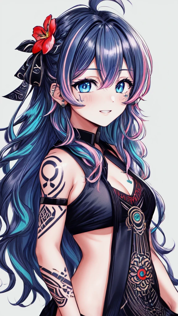 (monochrome), (lineart-style:1.3),(masterpiece, best quality, ultra detailed, ultra high resolusion, highres,8k:1.4), BREAK,(from front:1.5), 20_years_old, 1giri grin, close up face,(tribal_tatoo:1.2),(wavy hairs),(messy hair),(asymmetry bangs),(multicolored hair), 
Tsurime Eyes, (((blue eyes))),
((flower hair ornament)),