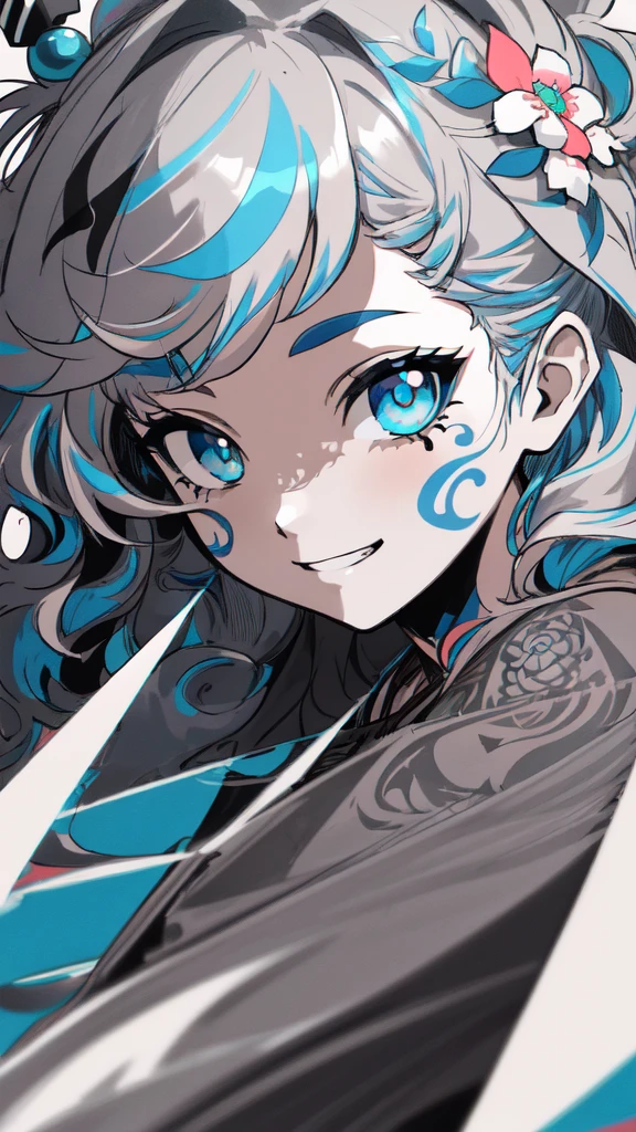 (monochrome), (lineart-style:1.3),(masterpiece, best quality, ultra detailed, ultra high resolusion, highres,8k:1.4), BREAK,(from front:1.5), 20_years_old, 1giri grin, close up face,(tribal_tatoo:1.2),(wavy hairs),(messy hair),(asymmetry bangs),(multicolored hair), 
Tsurime Eyes, (((blue eyes))),
((flower hair ornament)),